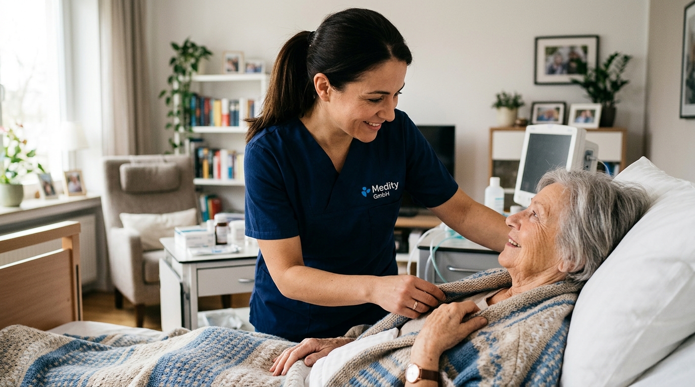 Pflegerin im vertrauensvollen Gespräch mit einer Patientin